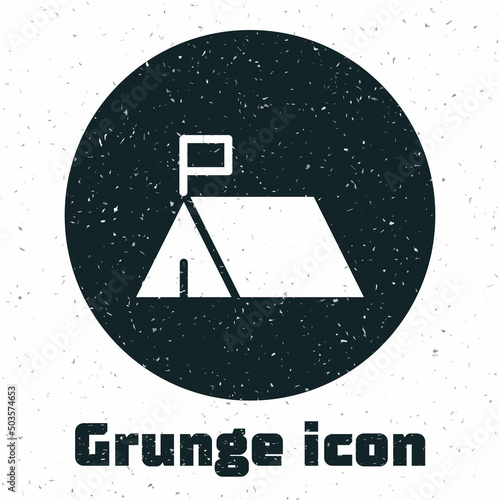 Grunge Protest camp icon isolated on white background. Protesting tent. Monochrome vintage drawing. Vector