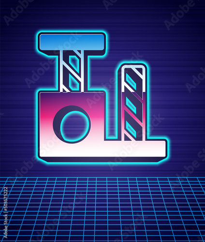 Retro style Cat scratching post with toy icon isolated futuristic landscape background. 80s fashion party. Vector