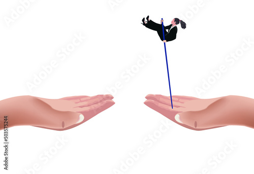 Concept of a businesswoman overcoming difficulties on a white background