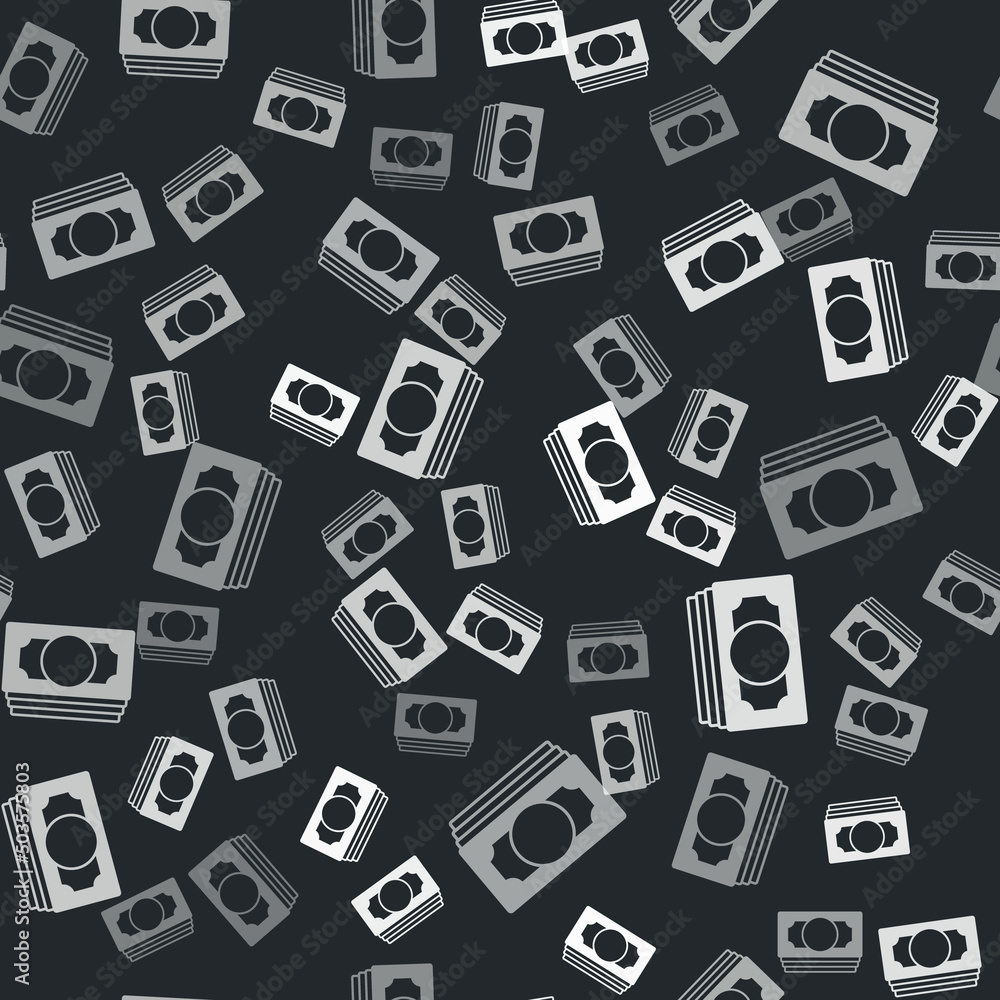 Grey Stacks paper money cash icon isolated seamless pattern on black background. Money banknotes stacks. Bill currency. Vector Grey Stacks paper money cash icon isolated seamless pattern on black background. Money banknotes stacks. Bill currency. Vector