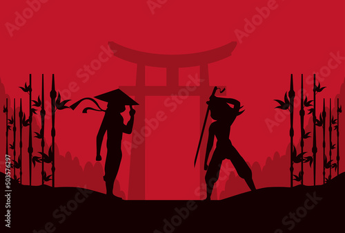 two ninjas with bamboo silhouettes