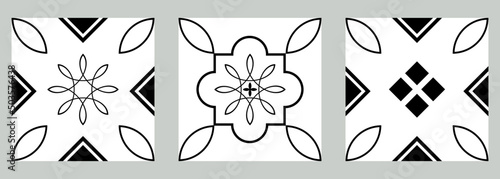 Set of 3 tiles. Black and white tiles collection. Azulejos art design. Spanish, Portugease tiles set. Seamless pattern.