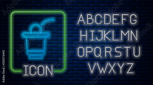 Glowing neon Beer pong game icon isolated on brick wall background. Alcohol party game. Neon light alphabet. Vector