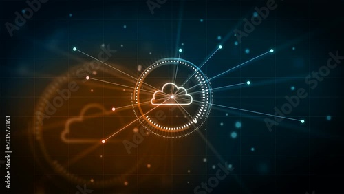 Cloud computing, Global Network - Futuristic blue cloud with pixel digital transformation abstract new technology world map background. Artificial intelligence and big data concept. 