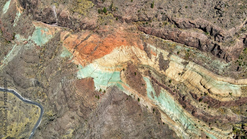 Fotos aéreas de Los azulejos de Veneguera, Gran Canaria, Canarias. Monumento natural. Foto dron.