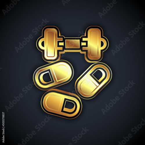 Gold Sports doping, anabolic drugs with dumbbell icon isolated on black background. Anabolic steroids tablet. Pills in jar. Vector