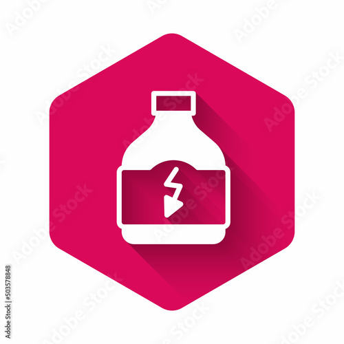 White Sports nutrition bodybuilding proteine power drink and food icon isolated with long shadow background. Pink hexagon button. Vector