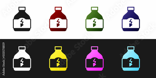 Set Sports nutrition bodybuilding proteine power drink and food icon isolated on black and white background. Vector