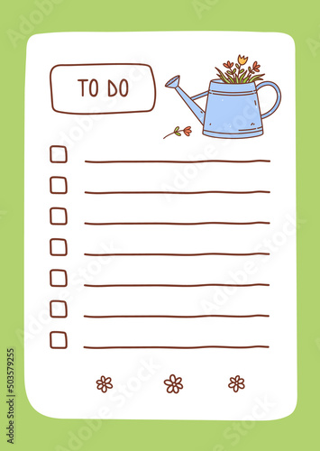 To do list template decorated by spring flowers in a watering can. Cute design of schedule, daily planner or checklist. Vector hand-drawn illustration.Perfect for planning, notes and self-organization