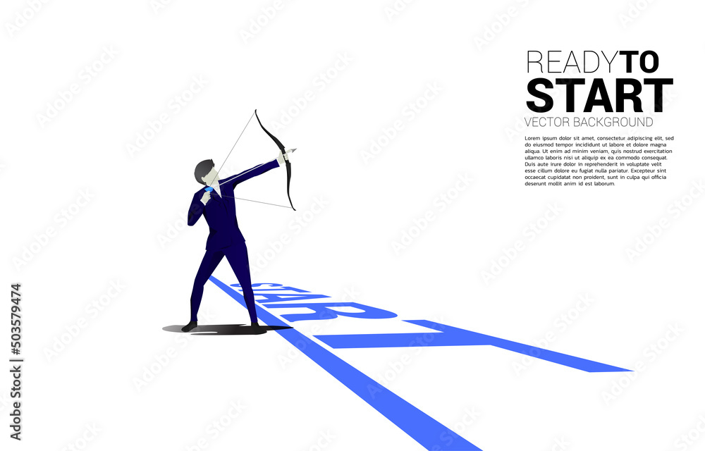 Businessman in suit shoot the arrow from start line. Concept of start business and ready to shoot. Businessman in suit shoot the arrow from start line. Concept of start business and ready to shoot.