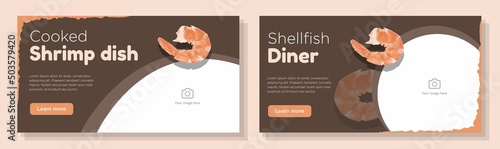 Shrimp diner menu online banner template set, prawn dish advertisement, horizontal ad, delicious fresh seafood campaign webpage, restaurant flyer, creative brochure, isolated on background
