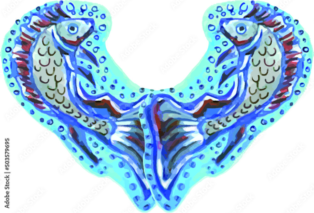 Abstract heart created by fish symbols on white. Two fish like carp or  heart-shaped crucian carp with bubbles in the gray-blue key for business  concepts, print, cards, textiles, fabric, fashion trends Stock