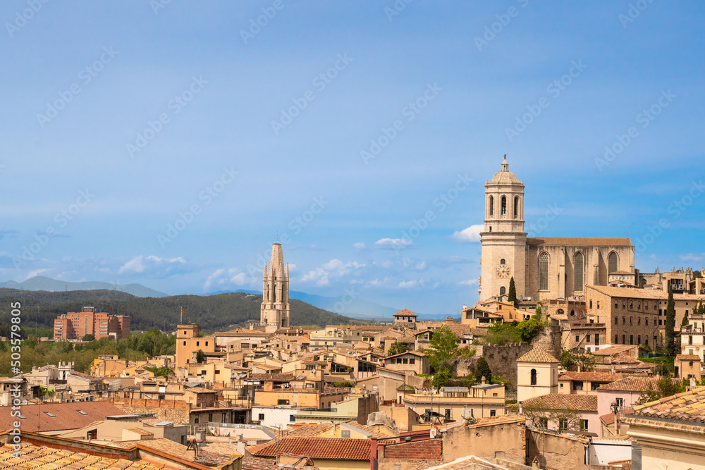 Beautiful Medieval city of Girona Spain seen from high elevation