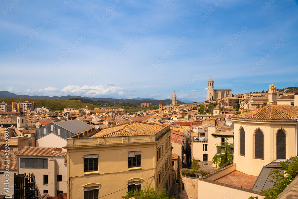 Beautiful Medieval city of Girona Spain seen from high elevation