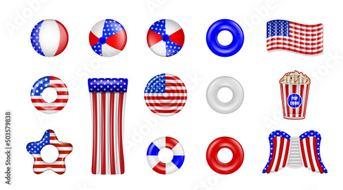 Set of isolated pool inflatables with american flag colors. 4th of july pool party elements.