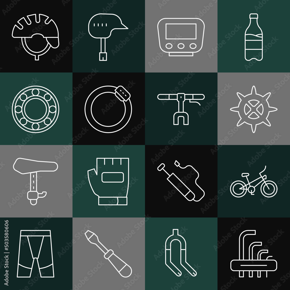 Set line Tool allen keys, Bicycle, sprocket crank, speedometer, brake disc, ball bearing, helmet and handlebar icon. Vector Set line Tool allen keys, Bicycle, sprocket crank, speedometer, brake disc, ball bearing, helmet and handlebar icon. Vector