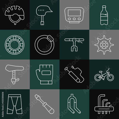 Set line Tool allen keys, Bicycle, sprocket crank, speedometer, brake disc, ball bearing, helmet and handlebar icon. Vector
