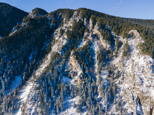 Aerial winter view of Rila Mountain near Beli Iskar river, Bulgaria