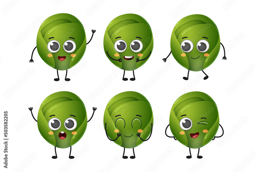 Set of cute cartoon brussels sprout vegetables vector character set isolated on white background Set of cute cartoon brussels sprout vegetables vector character set isolated on white background