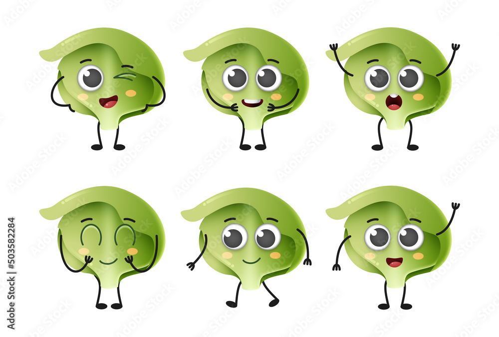 Set of cute cartoon iceberg lettuce vegetables vector character set isolated on white background