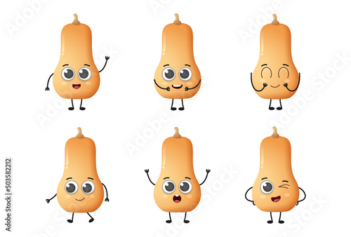 Set of cute cartoon butternut squash vegetables vector character set isolated on white background