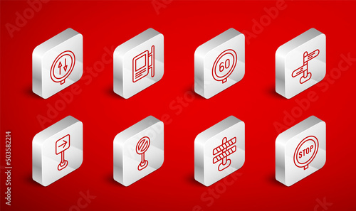 Set line Stop sign, Road traffic, Speed limit, barrier, warning two way, and Traffic turn right icon. Vector