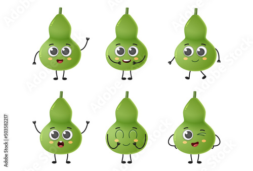 Set of cute cartoon calabash vegetables vector character set isolated on white background