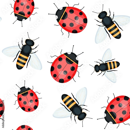 Cute seamless pattern with ladybug and bee in cartoon style. Wallpaper for kids © Yulia Zelinskaya
