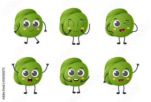 Set of cute cartoon green cabbage vegetables vector character set isolated on white background