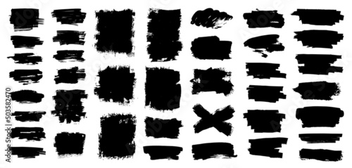 Stencil paintbrush collection. Dirty artistic texture box for text. Ink brush stroke, art collection for text. Ink dried paint smears. Brush stroke with splashes and drops blots. Vector collection