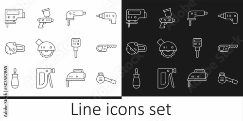 Set line Leaf garden blower, Reciprocating saw, Electric jigsaw, circular, Angle grinder, Construction jackhammer and Paint spray gun icon. Vector
