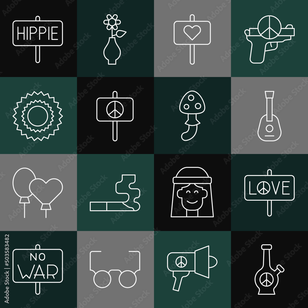 Set line Bong, Peace, Guitar, Sun, and Psilocybin mushroom icon. Vector Set line Bong, Peace, Guitar, Sun, and Psilocybin mushroom icon. Vector