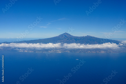 Aerial panoramic view on Tenerife island with peak of Mount Teide  volcatic landscape  Canary islands  Spain