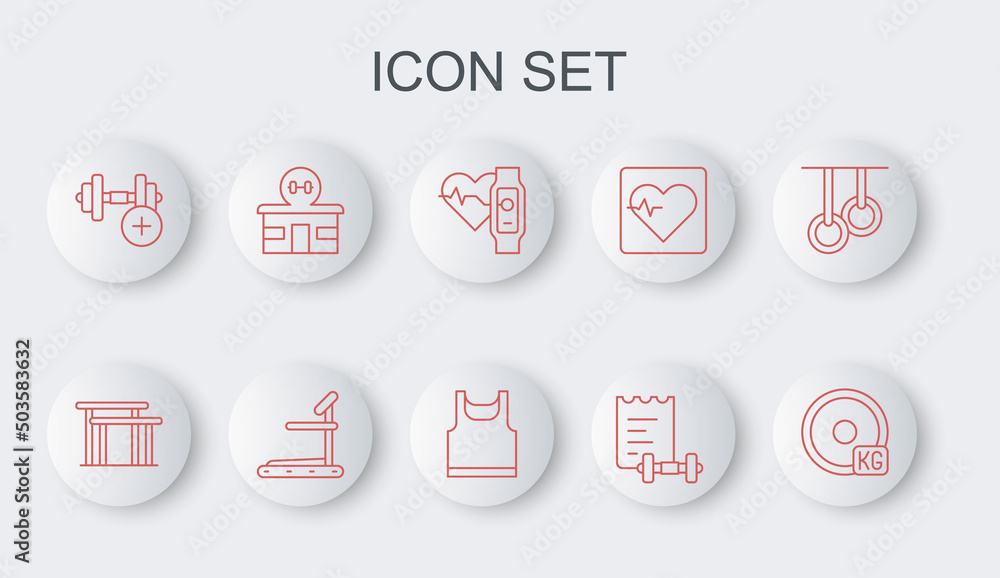 Set line Weight plate, Uneven bars, Smart watch with heart, Sport training program, Dumbbell, Gym building, Treadmill machine and Sleeveless t-shirt icon. Vector Set line Weight plate, Uneven bars, Smart watch with heart, Sport training program, Dumbbell, Gym building, Treadmill machine and Sleeveless t-shirt icon. Vector