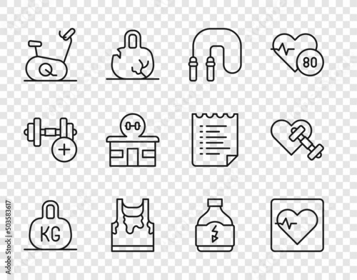 Set line Weight, Heart rate, Jump rope, Sweaty sleeveless t-shirt, Stationary bicycle, Gym building, Sports nutrition and Dumbbell with heart icon. Vector