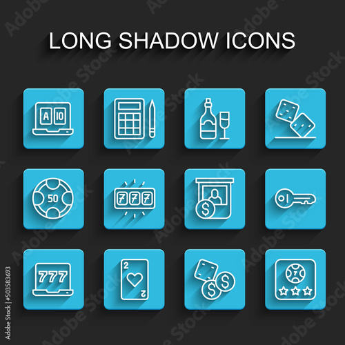 Set line Laptop and slot machine, Playing card with heart, Online poker table game, Game dice, Slot jackpot, Old key and Casino chips exchange icon. Vector