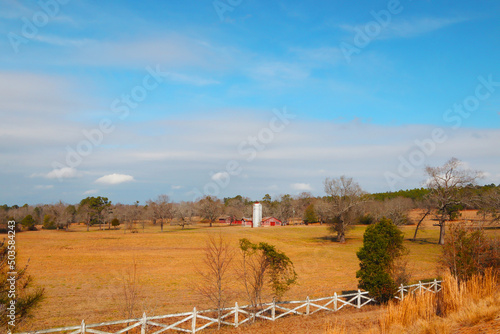 Fototapeta Naklejka Na Ścianę i Meble -  White wooden fence Beautiful farm and buildings in rural Georgia USA