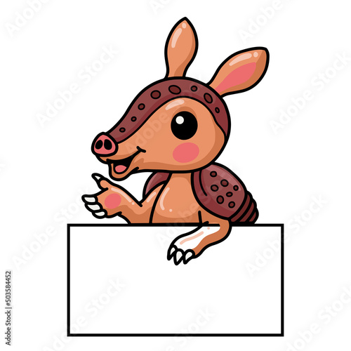 Cute little armadillo cartoon with blank sign
