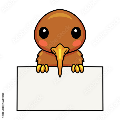 Cute little kiwi bird cartoon with blank sign photo