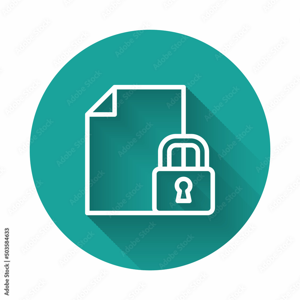 White line Document and lock icon isolated with long shadow. File format and padlock. Security, safety, protection concept. Green circle button. Vector White line Document and lock icon isolated with long shadow. File format and padlock. Security, safety, protection concept. Green circle button. Vector