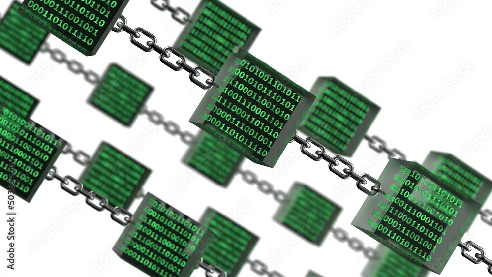 Green glowing binary data in clear glass cubes connected by iron chains under blue lighting background. Block chain network technology concept illustration. 3D illustration. 3D CG. Green glowing binary data in clear glass cubes connected by iron chains under blue lighting background. Block chain network technology concept illustration. 3D illustration. 3D CG.
