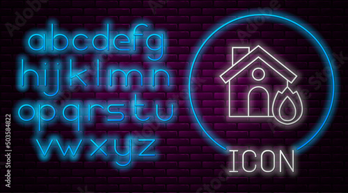 Glowing neon line Fire in burning house icon isolated on brick wall background. Insurance concept. Security, safety, protection, protect concept. Neon light alphabet. Vector.