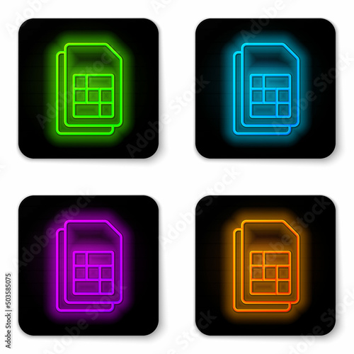 Glowing neon line Sim card icon isolated on white background. Mobile cellular phone sim card chip. Mobile telecommunications technology symbol. Black square button. Vector