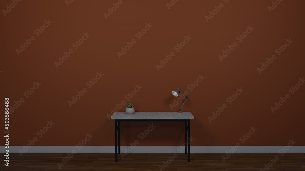Interior design shot with side table, plant and lamp against an orange wall Interior design shot with side table, plant and lamp against an orange wall