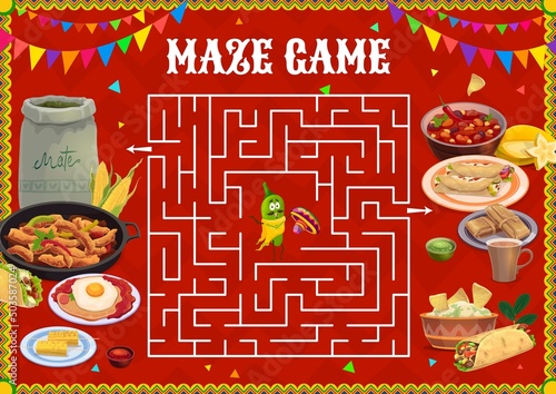 Labyrinth maze game help to jalapeno pepper find exit. Cartoon vector kids board game with mexican tex mex food and mariachi pepper character on square field with path. Children riddle, boardgame