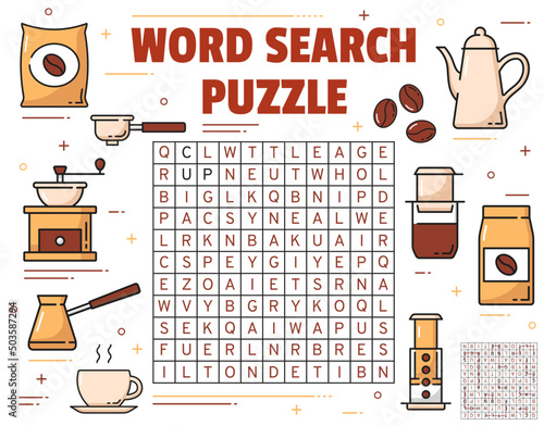 Coffee brewing, cup and beans on word search puzzle game worksheet. Children quiz grid or logical game, kids intelligence test or puzzle with coffee grinder, pot and cezve, beans bag, french press