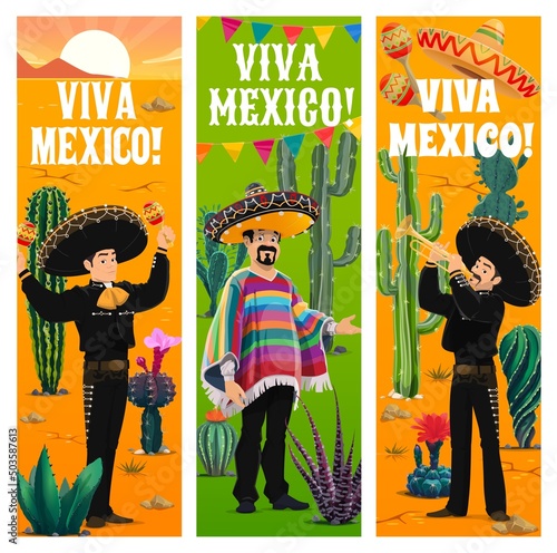 Viva Mexico banners, Mexican Mariachi band in desert with cactuses. Vector men musicians characters in sombrero and national costumes playing trumpet and maracas. Latin fiesta holidays greeting cards