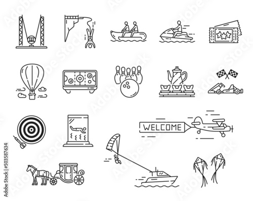 Amusement park, playground and funfair, extreme activity, carousel outline icons. Vector entertainment attractions, isolated hot air balloon, fun fair tickets, horse carriage, kites and boat parachute