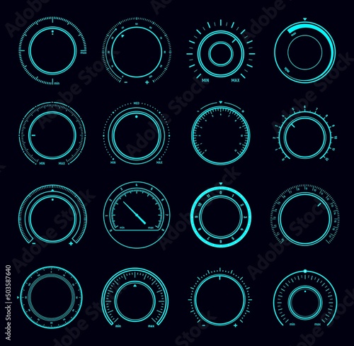 HUD dial interface, volume round knob switch and music sound control regulators. Vector head up display digital buttons of Sci Fi or futuristic game UI, sound level knobs with max min scales