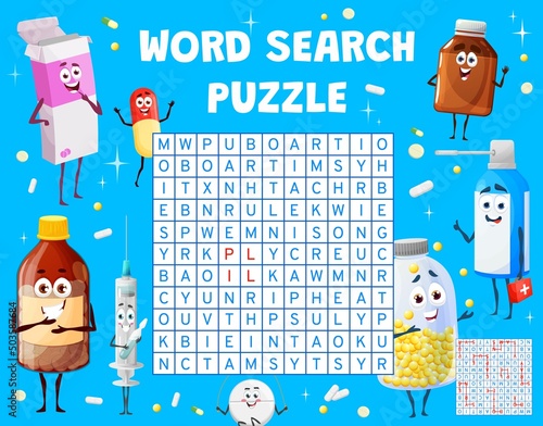 Cartoon pills and tablets on word search puzzle game worksheet. Kids quiz grid, educational riddle or kindergarten kids vector game with word search task. Children logical puzzle with medicines drugs